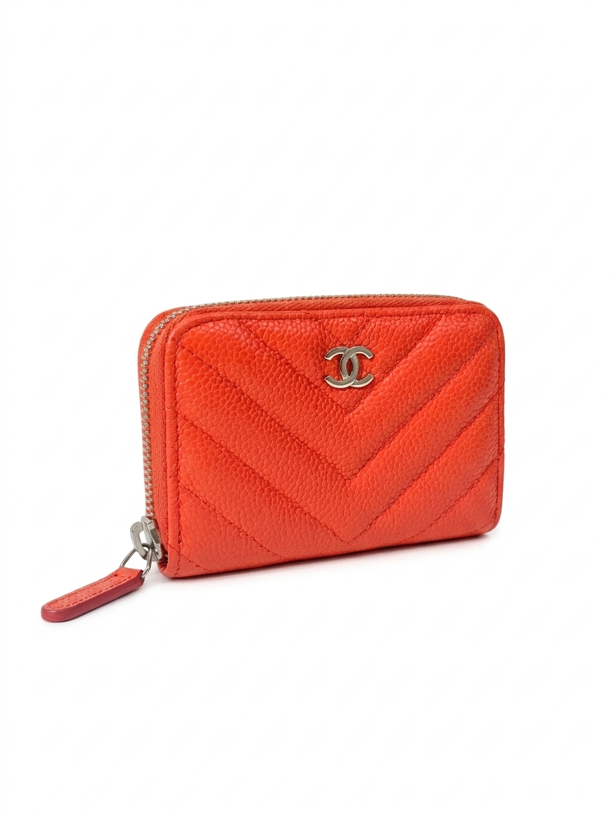 CHANEL - Chevron Classic Zipped Coin Purse - Orange Red