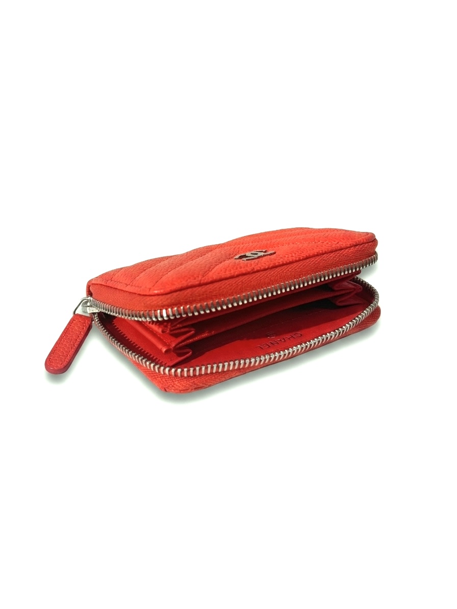 CHANEL - Chevron Classic Zipped Coin Purse - Orange Red